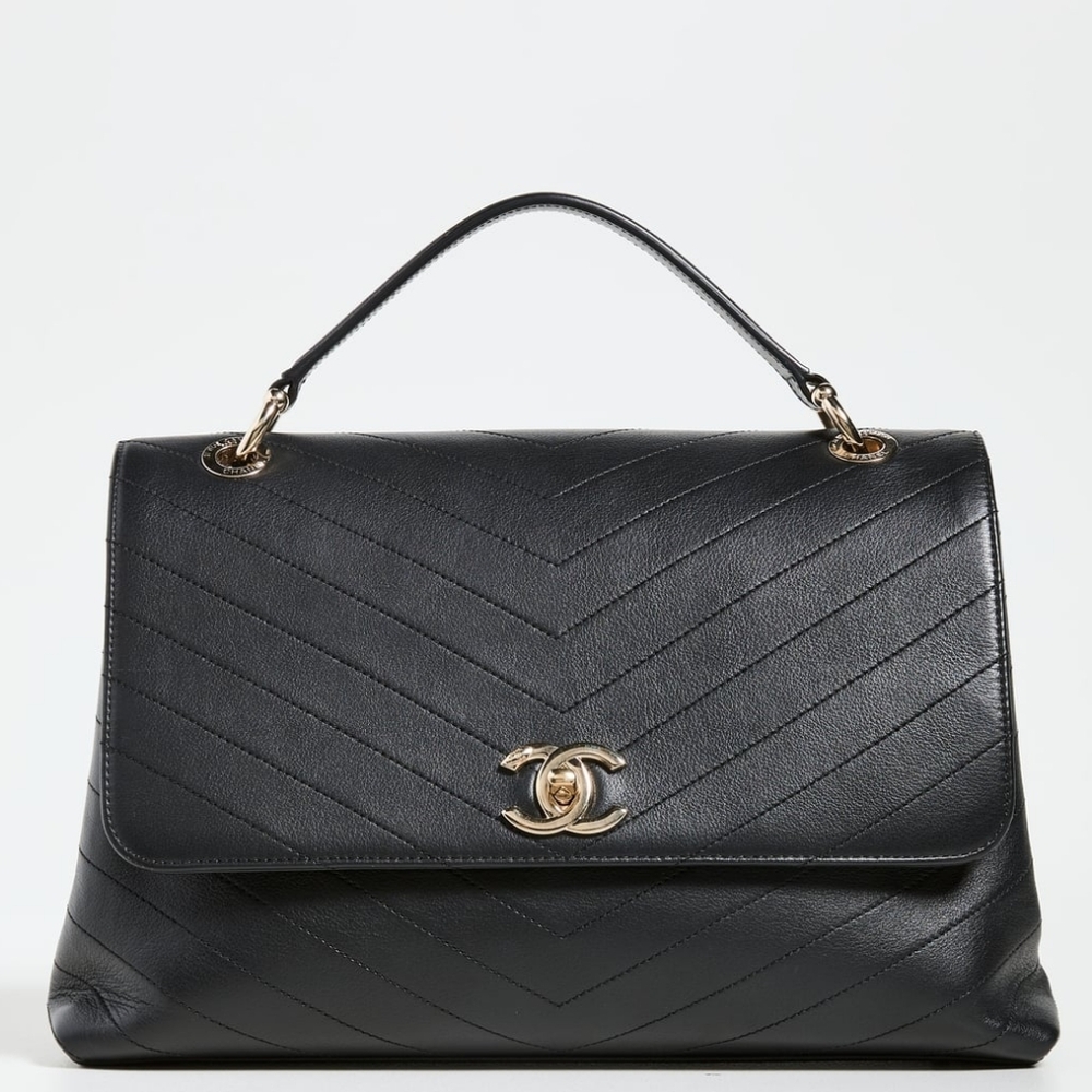 RARE! Authentic! Chanel CC Coco Top Handle Calfskin Quilted Chevron Leather Flap